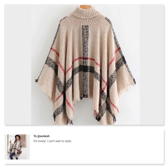 Plaid Beige Turtleneck Poncho - Picture 6 of 8